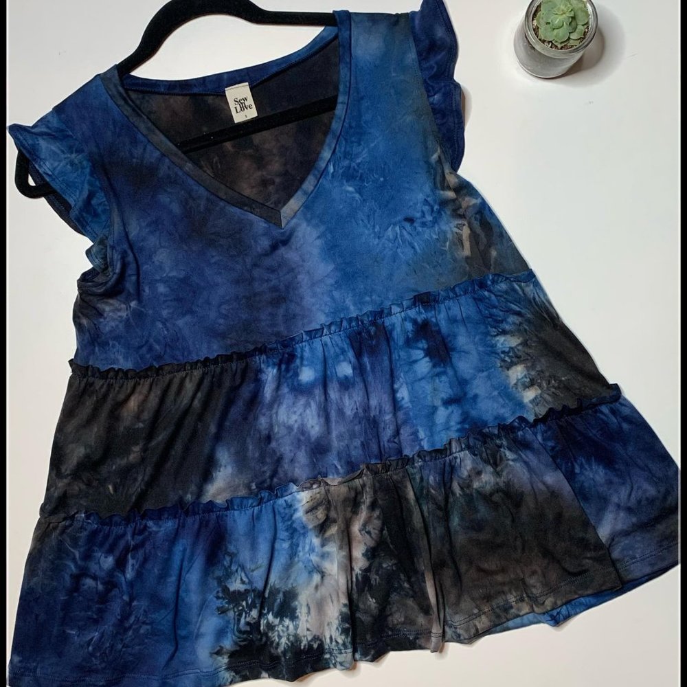 Stormy Skies Baby doll Buttery Soft ruffle sleeve tie dye tank by Sew In Love